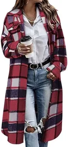 Himosyber Women's Casual Plaid Lapel Woolen Button Up Pocketed Long Shacket Coat(Brightred-XXL)