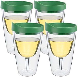 Southern Homewares Green Lid Wine Tumbler, 16oz, 4 Pack Insulated Double Wall Acrylic w/See Through Cup