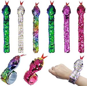 Lohoee 6 Pieces Slap Bracelet Snake Snap Bracelet Sequin Wristband for Kids Birthday Party Favors Supplies Halloween Stuff Gifts(Random Color), Plastic, no gemstone