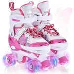 TOMSHOO Roller Skates for Girls Boys Kids Roller Skates 4 Sizes Adjustable Quad Skates With Light Up Wheels Roller Boots for Indoor Outdoor Birthday Gift (Pink, Medium(UK1-3))