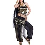 VRITRAZ Women's Chiffon Belly Dance Sequin Chiffon Top, Harem Pants and Hip Scarf Ringy Fancy Pants (Color-Black)