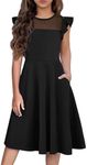 Flypigs Girls Dresses Summer Formal Party Wedding Ruffle Sleeve Mesh A Line Dress with Pockets, Black, 9-10 Years