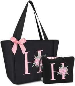 Vavabox Tote Bag, A-Z Initial Monogrammed Waterproof Tote Bag, Bridesmaid Gifts for Women, Black and Pink (H, Black Set)