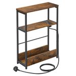 VASAGLE Slim Side Table with Charging Station, 3-Tier Narrow Bedside Table, End Table for Small Spaces, Magazine Rack, for Living Room, Bedroom, Study, Rustic Brown and Ink Black LET335K03