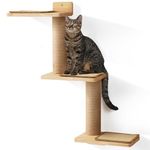 FUKUMARU Cat Climbing Shelf Wall Mounted, Natural Rubber Wood Material, Cat Stairway with Jute Scratching Post for Cats Perch Platform Supplies