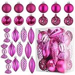 Prextex Fuschia 24-Piece Shatterproof Christmas Ball Ornaments The Perfect Glitter Balls, Christmas Tree Baubles Christmas Decorations, Exquisite Xmas Combo of 8 Christmas Balls and Shape Styles
