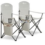 SUNMER Set of 2 Folding Camping Chairs, Extra-Wide Lightweight Outdoor Chairs with Armrests, Cup Holder and a Side Pocket, 120kg Capacity per Chair - Grey