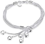 925 Sterling Silver Five-Line Chain with Five-Heart Bracelet Bangle, 7.9 Inch, Silver