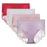 LIQQY Women's 4 Pack High Rise Underwear Combed Cotton Brief Breathable Lace Full Coverage Panty (Red/White/Pink/Liac Chiffonn, Small)