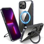 Flyzoo Magnetic Kickstand Case for iPhone 13 Pro, [Compatible with MagSafe & Invisible Ring Stand Holder] [Non-Yellowing & Shockproof] Clear Transparent Hard Silicone Edge Cover, 6.1'', Clear Black