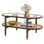 COSTWAY 2-Tier Coffee Table, Tempered Glass Cocktail Snack Tea Center Table with PE Rattan Storage Shelf, Acacia Wood Frame Accent Sofa End Side Table for Living Room, Bedroom and Office