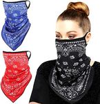 MoKo Scarf Mask Bandana with Ear Loops 3 Pack, Neck Gaiter Balaclava UV Sun Protection Face Mask for Dust Wind Outdoors Motorcycle Cycle Bandana Headband for Women Men - Red/Blue/Black