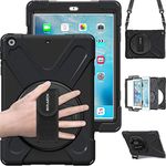 BRAECN for iPad Air Shockproof Case [Heavy Duty] Full-Body Rugged Protective Case with 360 Degree Swivel Kickstand/Hand Strap/Shoulder Strap for Apple iPad Air 1st Generation 9.7 inch Case (Black)