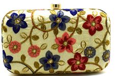 TOOBA Handicraft Hand Embroidered Box Clutch Bag Purse for Bridal, Casual, Wedding Bag for Women & Girls. Beige Floral