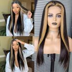 ENZEGONGYI Glueless HD Lace Front Wigs Human Hair Pre Plucked Bleached Knots with Baby Hair 180 Density 4x4 Straight Lace Closure Wigs for Black Women Natural Black Color (Honey Blonde Highlight, 16 Inch)