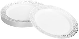 MATANA - 20 Premium Small Plastic Dessert Plates, Multi-Use with Silver Lace Rim - 18cm / 7" - Perfect Party Plates for Starters, Side Dishes at Weddings, Birthdays, Events