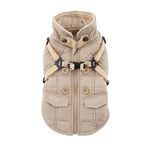 Puppia Wilkes Winter Dog Coat with Integrated Harness No Pull Cold Weather Waterproof Warm Fleece Back Zipper for Small & Medium Dog, Beige, Small