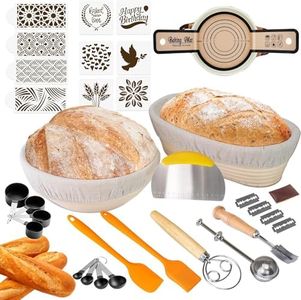 Bread Proofing Basket Set, 9 Inch Round & 10 Inch Oval Sourdough Basket, Danish Dough Whisk, Bread Scoring Lame, Flour & Sugar Sifter, Silicone Bread Sling, Measuring Spoons Set,13PCS Baking Gifts