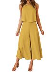 ROYLAMP Women's Summer 2 Piece Outfits Round neck Crop Basic Top Cropped Wide Leg pants Set Jumpsuits Ginger Yellow S