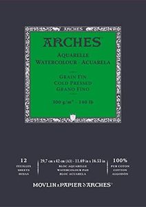 ARCHES Aquarelle - Bloc 12 feuilles 29,7x42 collé petit côté - 300g/m² - grain fin, blanc naturel, 4 bords francs