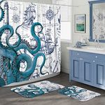 DESIHOM 3Pcs Nautical Octopus Bathroom Sets with Shower Curtain and Rugs, 72'' Shower Curtain and Two Non-Slip Washable Bath Mats (15.7''x23.6''&19.7''x31.5''), Funny Bathroom Decor