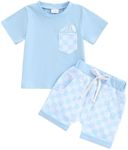 Toddler Boys Summer Clothes Beach Outfits Shark/Tree Print Short Sleeve T-Shirts Tops Shorts 2Pcs Baby Boy Clothing, Sky Blue, 6-12 Months