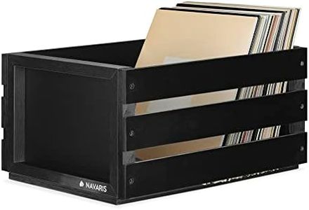 Navaris Wood Record Crate - Vinyl Album Storage Holder Box Wooden Case with Chalkboard Sign Board - Holds up to 80 LP Records - Black