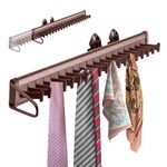 Sliding Tie Racks for Closet, 20 Tie Hanger for Men Pull Out Belt Hanger for Closet Storage Organizer with Slider, Side Mount Closet Holder Hanger Rail with 20 Hooks for Scarves Ties Belts(Brown)