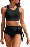 AI'MAGE Womens High Waisted Bikini Set Tummy Control 2 Piece Bathing Suit Modest Racerback Swimsuit 2024 with Tie Side Knot Black XXL