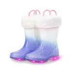 Kids Rain Boots with Warm Fuzzy Lining, Boys Girls Waterproof Winter Snow Boots with Easy on Handle, Purple Gradient Size 1