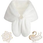 Faux Fur Shawl Wrap Stole Shrug Winter Bridal Wedding Scarf Wrap with Faux Pearl Rhinestone Brooches for Women 1920s (White, Medium, Short Hair)