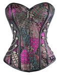 Charmian Women's Steampunk Gothic Spiral Steel Boned Brocade Waist Cincher Overbust Corset with Chains Purple X-Large