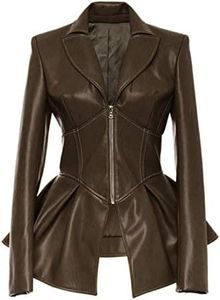 Women's Fashion Perfectly Shaping Zip Up Long Sleeves Faux Leather Biker Jacket Brown 3XL 885