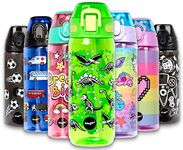 Fringoo - 600ml Kids Water Bottle with Straw & Fliptop Lock - 100% Leakproof - BPA Free 600ml Kids Water Bottle for School - Dinosaur Lunch