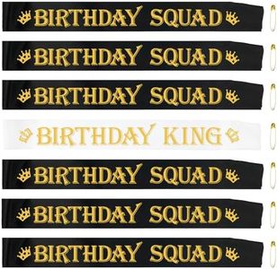 SKJIAYEE 7 Pcs Birthday King Sash and Birthday Squad Sashes Set, Funny Birthday Sashes for Men Birthday Party Supplies Gifts Favors, Black+White (Gold Letters)