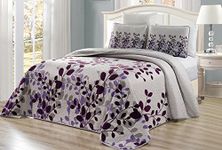 3-Piece Fine Printed Oversize (100" X 95") Fresca Quilt Set Reversible Bedspread Coverlet Queen Size Bed Cover (Purple, Grey, Vine)