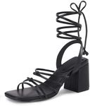 Coutgo Women's Strappy Chunky Heels Sandals Lace Up Block Heel Square Open Toe Dress Shoes, Black, Size 7