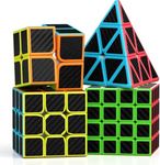 Roxenda Speed Cube Set, Speed Cube Bundle of 2x2 3x3 4x4 and Pyramid Cube Smoothly Magic Cubes Collection for Kids Teens & Adults [4 Pack] (Carbon Fiber)