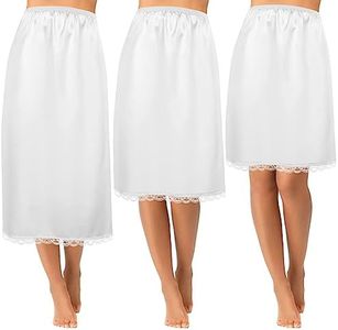 Mepase 3 Pieces Women's Satin Half Slip for Under Dresses 3 Kinds of Length 19, 27, 35 Inch Slip Dress with Lace, White, Medium