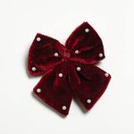 Ribbon Candy Stylish Velvet Party Bow With Pearl Detailing on Alligator Pin Women & Girls (Set of 1) (Maroon)