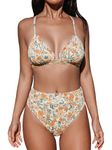 CUPSHE Bikini Set for Women Bathing Suit High Waisted Scalloped V Neck Two Pieces Swimsuit, Yellow/Floral, Medium