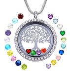 Family Tree of Life Floating Locket Necklace with 24 Birthstones, 30mm DIY Charms Living Memory Stainless Steel Pendant, Gifts for Mom Grandma Aunt Nieces Daughter Women Girls