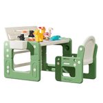 BanaSuper 3 in 1 Kids Building Block Table with Easel Toddler Table and Chair Set with Storage Children Play Table Activity Desk Adjust Height Arts Crafts Snack Time (Green)