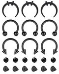 Longita 16G 10MM Horseshoe Piercing Septum Rings for Women Stainless Steel Septum Nose Ring Helix Hoop Cartilage Earrings with Replacement Balls & Spike Black