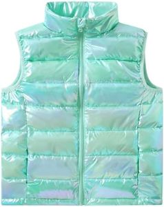 Cutemile Size 7-8 Girls Puffer Vests Kids Quilted Faux Down Vest Outerwear Metallic Green Sleeveless Jacket for Winter 7-8 Years