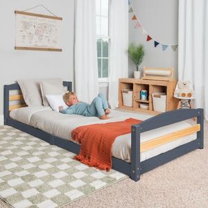 Twin Montessori Floor Bed - Low Slatted Wooden Bed Frame for Kids - Gray