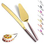 Evanda Wedding Cake Knife and Server Set, Brown Handle and Shiny Gold Head Cake Cutte Pie Server for Everyday, Wedding and Birthdays, Dishwasher Safe