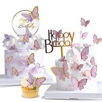 OWill 22-Pieces Butterfly Cake Decorations with Happy Birthday Acrylic Cake Toppers for Baby Shower Wedding Birthday Party Decor (Purple & Pink)