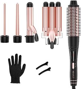 Curling Iron Hair Curler 5 in 1, MAX 3 Barrel Hair Crimper Iron Ceramic Curling Wand Brush, Beach Wave Wand Curling Iron Set (0.35”-1.25”) for All Hair Type & Length, 30S Instant Heat, No Hair Damage