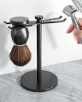 pickpiff Safety Razor Stand With Brush Holder, Black Heavy Duty Metal Shaving Holder for Men, Extra Wide Openings, Fits Most Brushes and All Kinds Of Razors